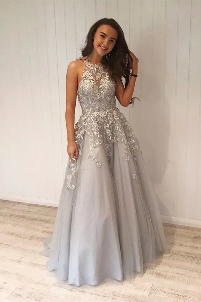 A Line Grey Lace Long Prom Dress with Appliques, Grey Lace Formal Graduation Evening Dress   cg14701