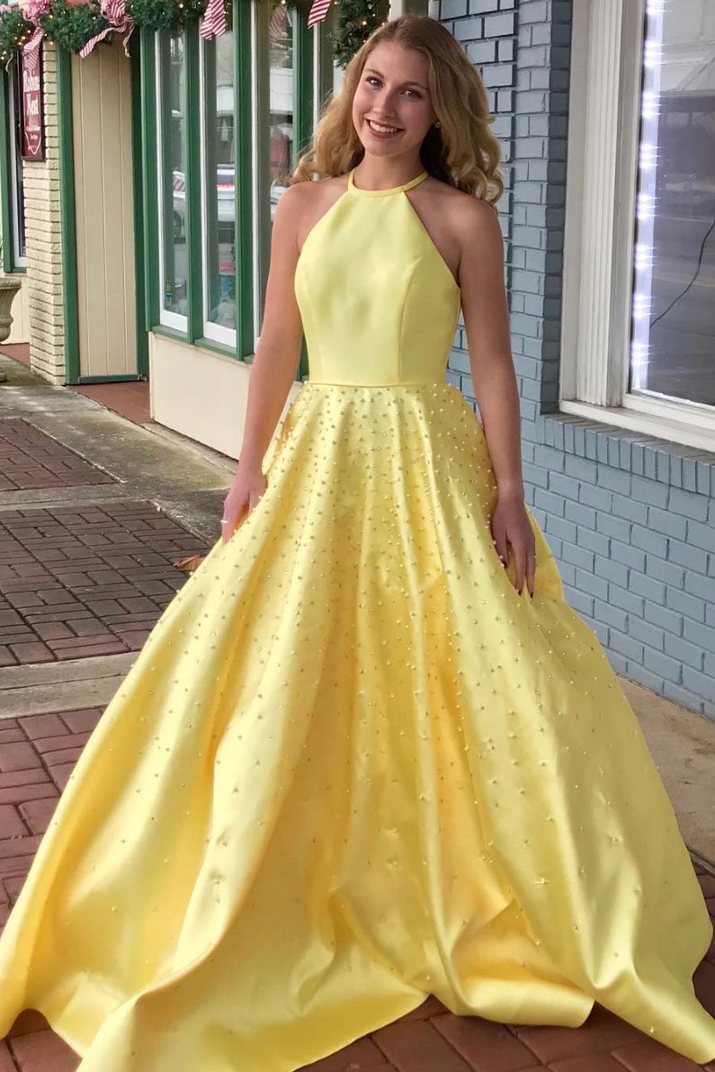 Yellow satin beads long prom dress yellow formal dress    cg14717