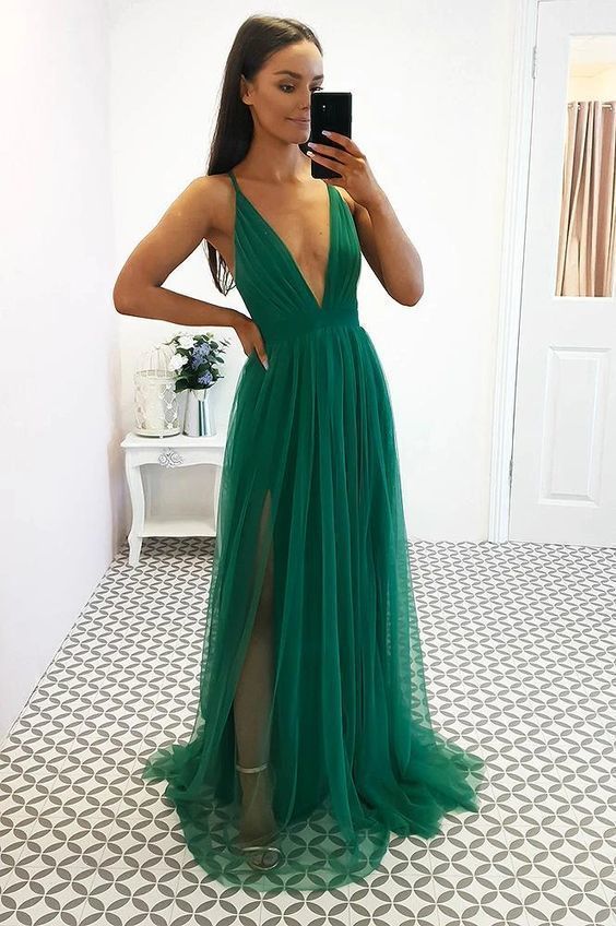 Green Tulle Prom Dress With Split,V Neck Back Open Evening Dresses with Train    cg14718