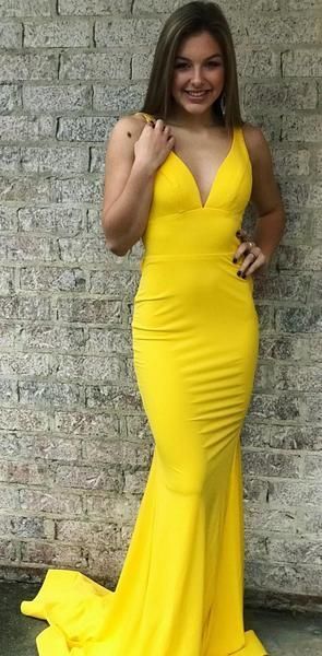 Simple Sexy Elegant Mermaid Straps V Neck Long Yellow Prom Dresses   cg14722