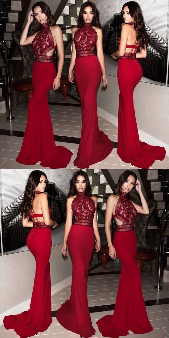 Mermaid High Neck Sweep Train Red Stretch Satin Prom Dress with Lace    cg14770