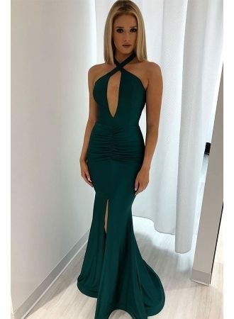 Mermaid Halter Sexy Backless Slit Prom Dresses   cg14771