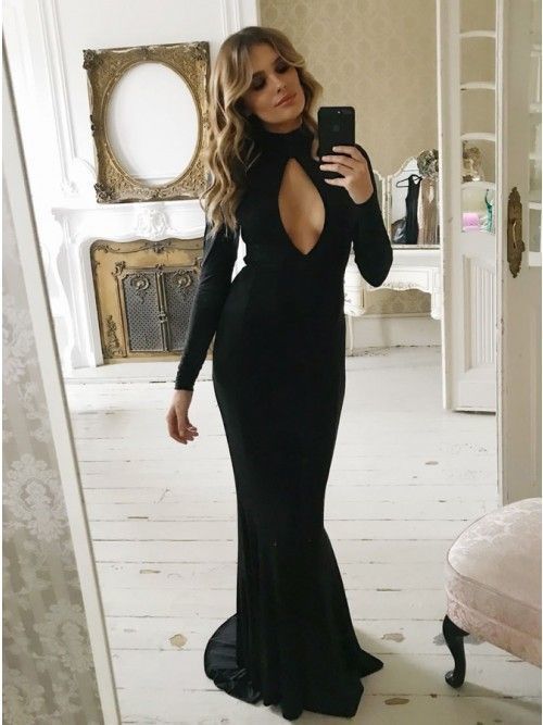 Long Sleeves Black Prom Dress With Keyhole Front   cg14786