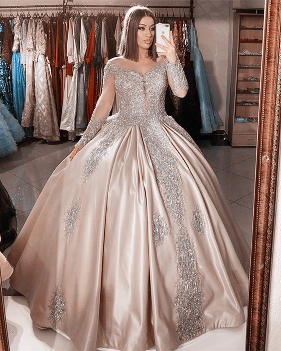 prom long dresses elegant lace long sleeves quinceanera dresses champagne satin ball gown for sweet 16 birthday party  cg14791