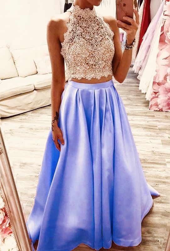 elegant lace crop prom dresses two piece satin ball gown lavender  cg14792