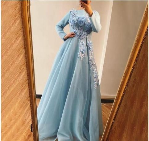 Blue Long Sleeves Evening Dresses Design Handmade Flowers Pearls A-Line Evening Gowns Prom Dresses   cg14794