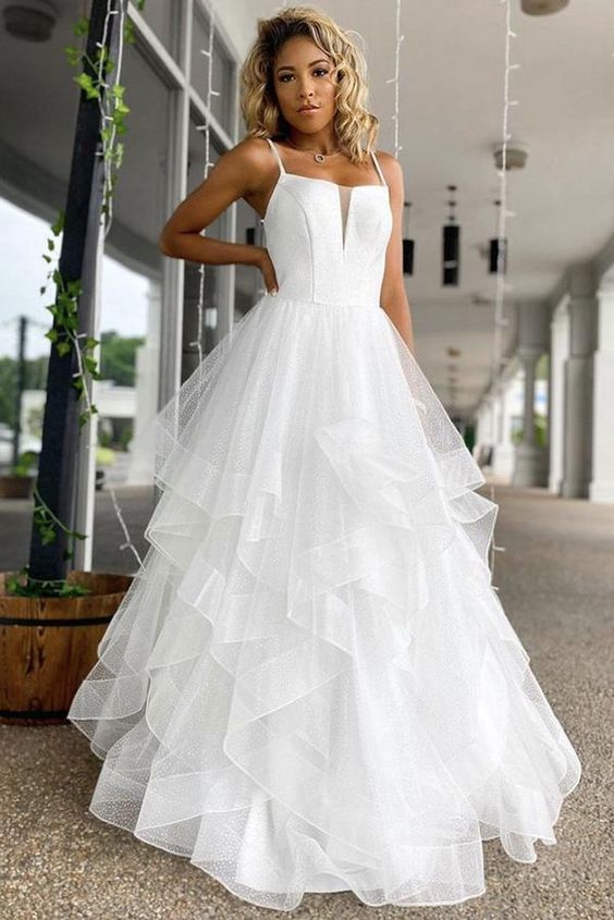 White tulle sequin long prom dress white evening dress   cg14808