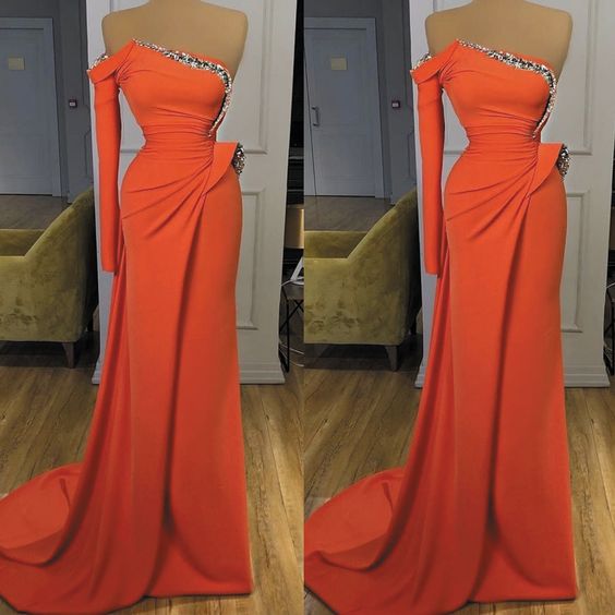 Coral Evening Dresses Long One Shoulder Beaded Sparkly Elegant Modest Mermaid Evening Gown prom dress   cg14815