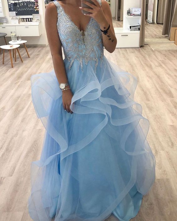 Blue A-Line Prom Dress,Charming V-Neck Evening Dress,Prom Dresses   cg14819