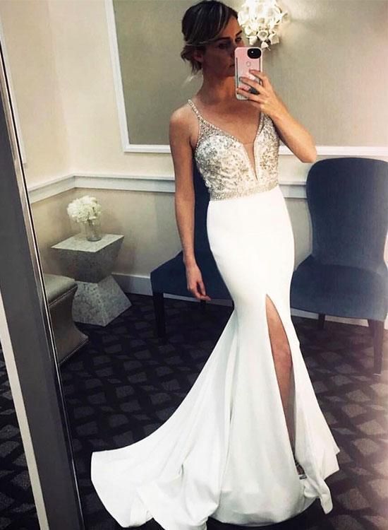 White v neck long prom dress, mermaid evening dress   cg14822