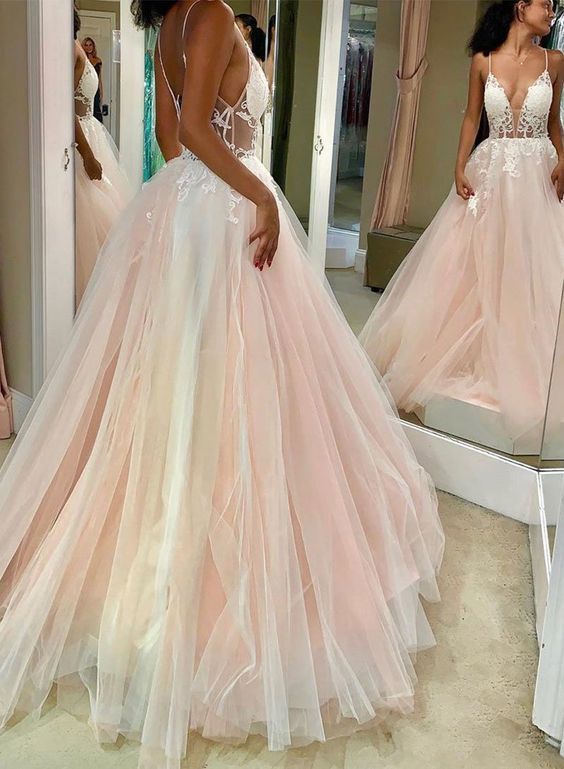 Pink v neck tulle lace long prom dress, pink evening dress   cg14823