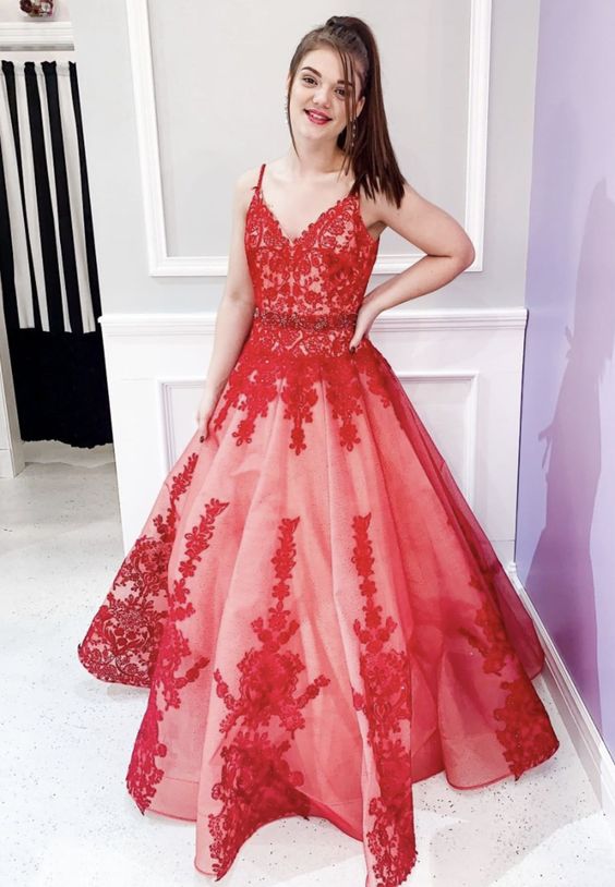 Red v neck lace long prom gown formal dress   cg14894