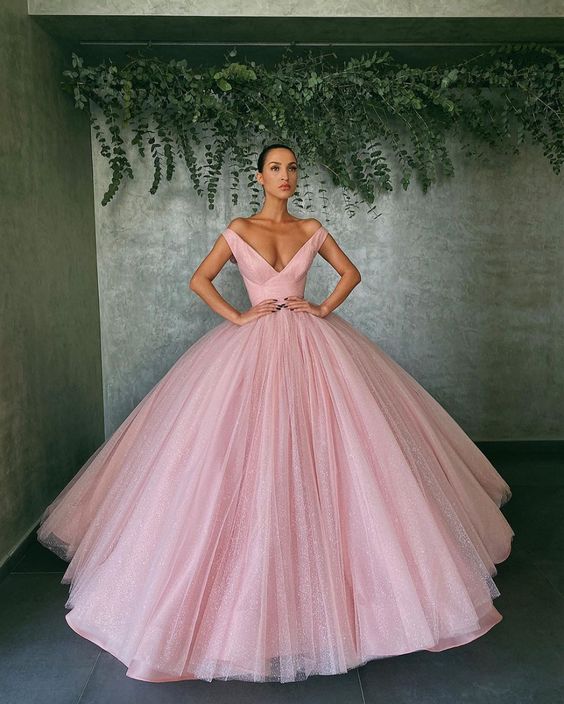 pink off the shoulder tulle ball gown Prom Dresses    cg14907
