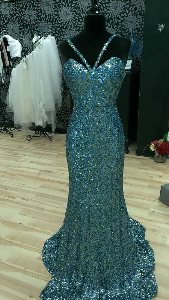 Blue and Green Sequined Prom Dress   cg14911