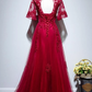 Beautiful Red Short Sleeves Tulle Prom Dress, Red Long Evening Gown   cg14912