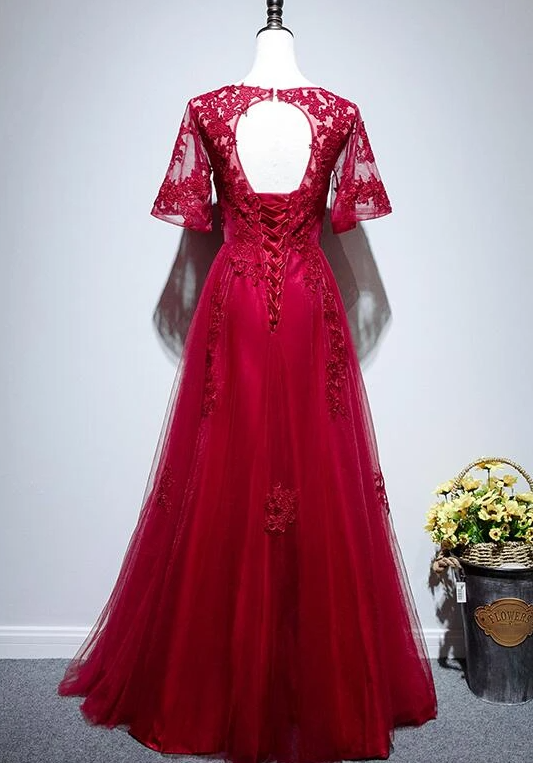 Beautiful Red Short Sleeves Tulle Prom Dress, Red Long Evening Gown   cg14912
