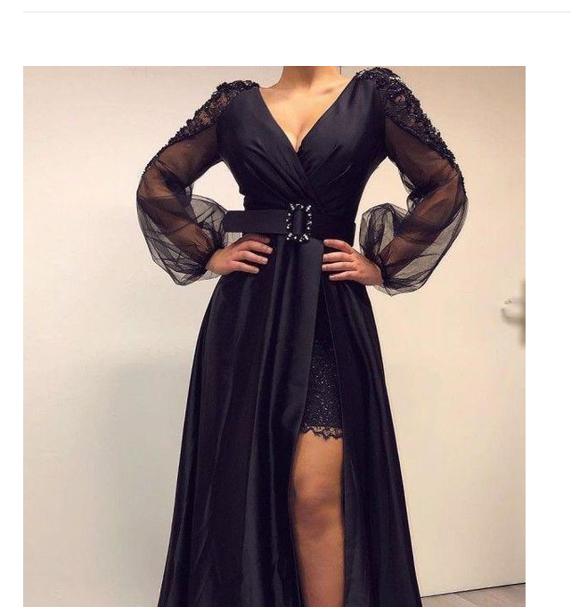 Black prom dresses long sleeve a line side slit pleats long sleeve long evening dresses   cg14921