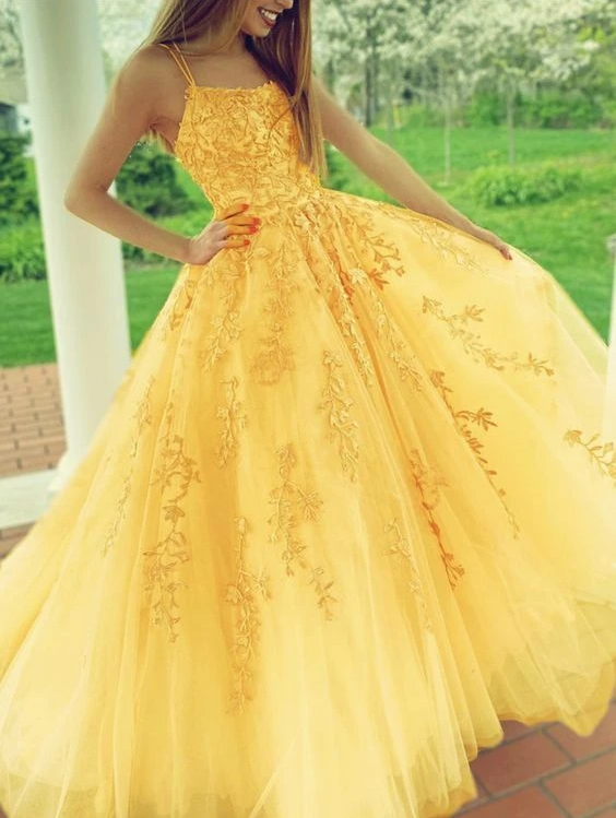 yellow prom dresses lace embroidery ball gown with multi straps   cg14928