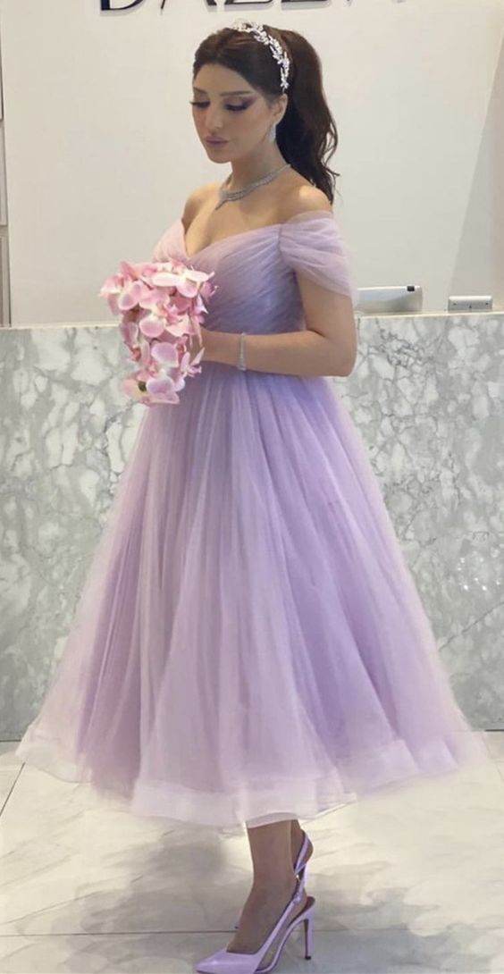 Elegant Lavender Tulle Midi Prom Dresses Off The Shoulder Party Gowns   cg14977