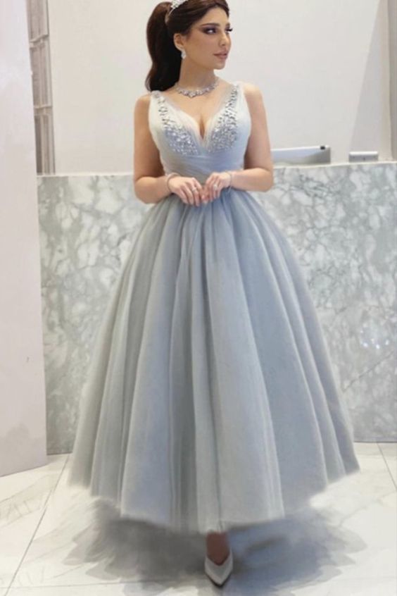 Elegant gray tulle prom dresses ankle length formal evening gown for bridal   cg14978
