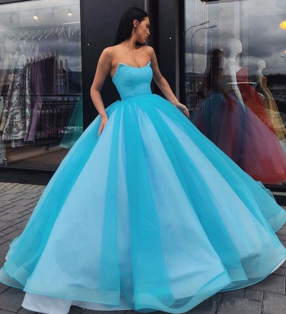 Pretty Blue Tulle Strapless Floor Length Lace Up Sweet 16 Prom Dress, Ball Gown   cg14984