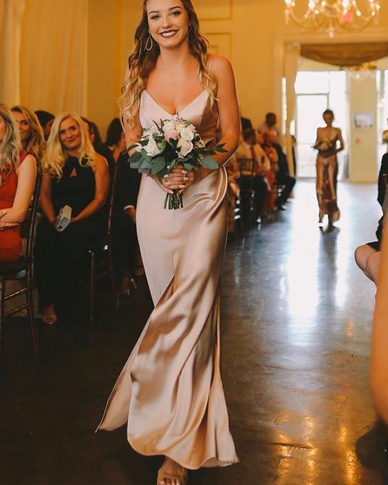 Simple Spaghetti Straps Champagne Prom Dress with Slit   cg14988