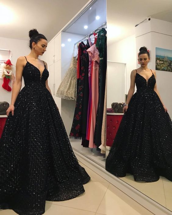 A-line V Neck Black Prom Dress , Shiny Prom Dress   cg15000