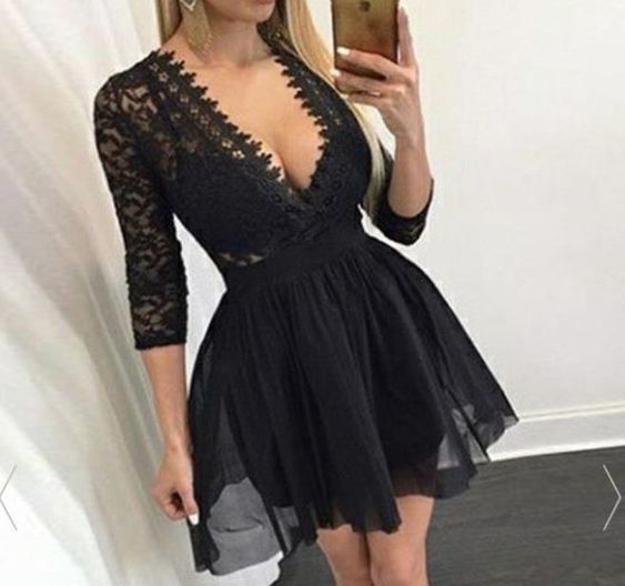 A-Line Deep V-Neck 3/4 Sleeves Black Chiffon Short Homecoming Dress with Lace    cg15012