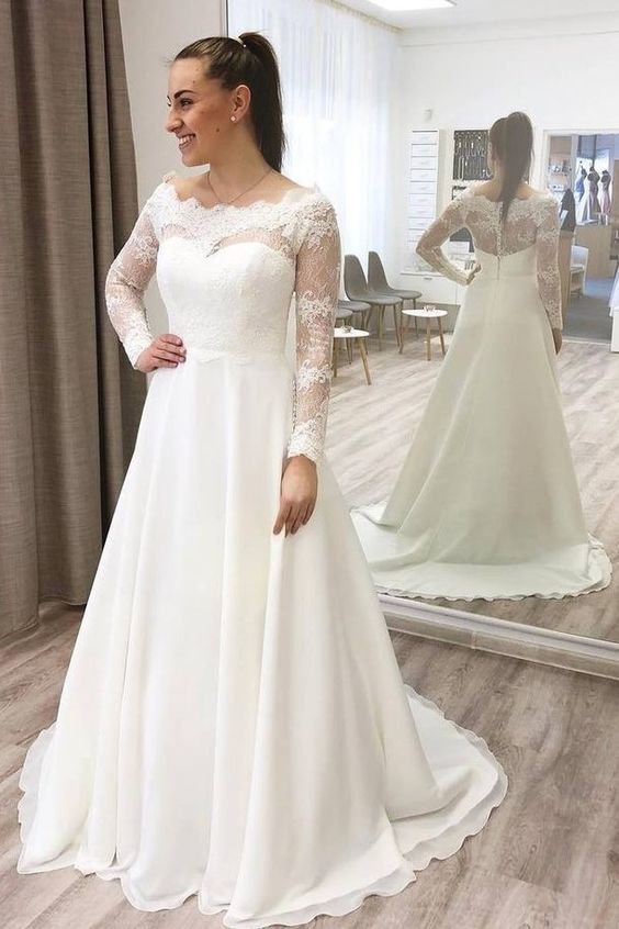 Lace Sheer Long Sleeves Prom Dress With Chiffon   cg15017