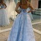 Blue v neck tulle sequins long prom dress evening dress    cg15035