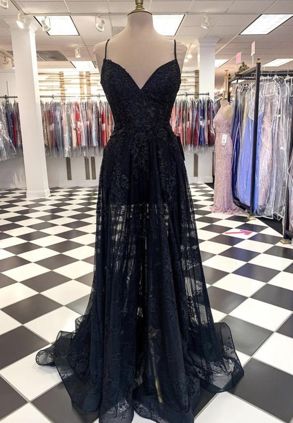 Black tulle lace long prom dress black evening dress    cg15036