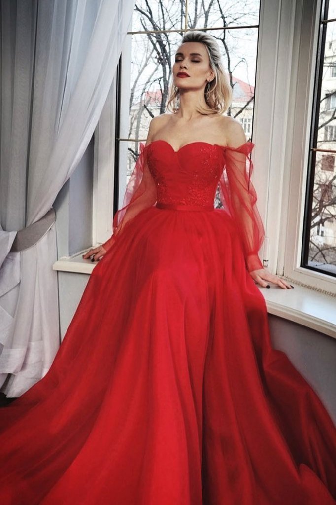 Red tulle long prom dress red tulle formal dress  cg15042