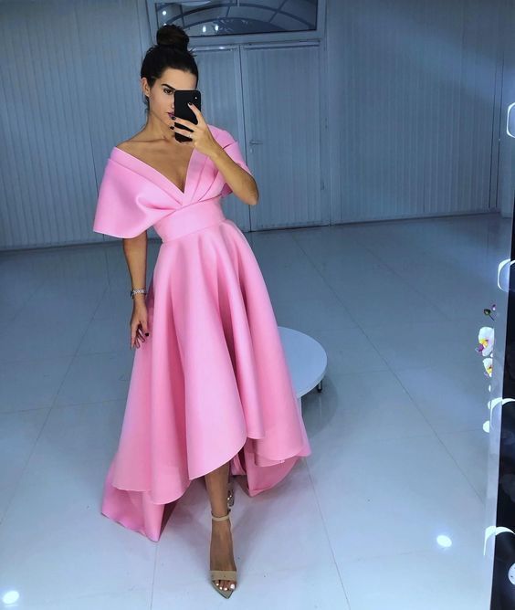 Pink V Neck Hi-low Prom Dress   cg15100