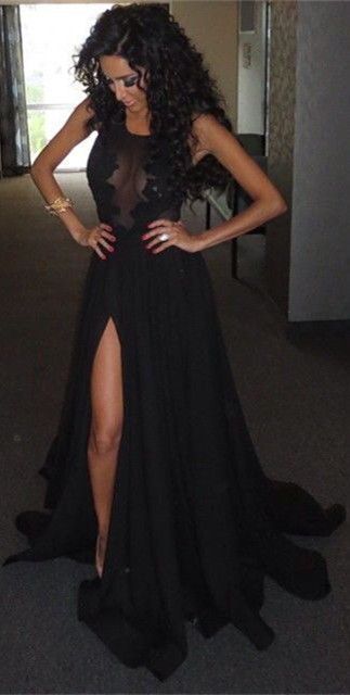 Charming Black Prom Dress,Sexy Backless Prom Dress with Slit,   cg15113