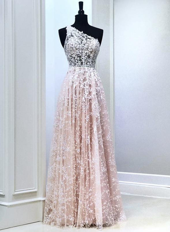 Pink lace long prom dress one shoulder evening dress   cg15183