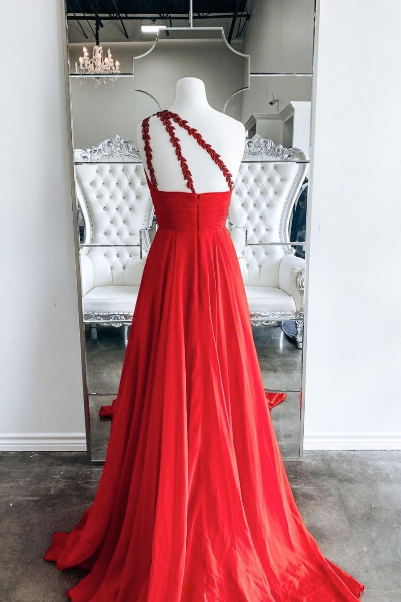 Red one shoulder long prom dress red evening dress   cg15185