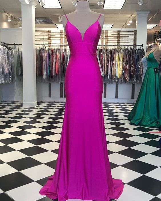 Simple Spagehtti Straps Fuchsia Satin Mermaid Prom Dress   cg15192