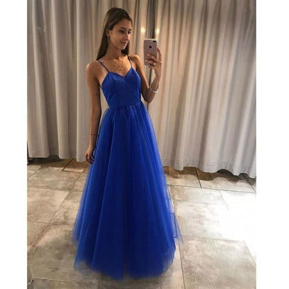 Simple Royal Blue Tulle A-line Spaghetti Straps Girls Long Prom Dress   cg15226