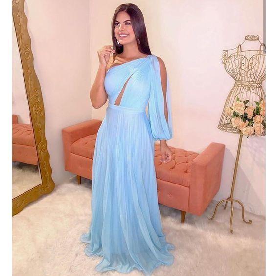 Blue Chiffon Long Prom Dress ,One Shoulder Cut-out Pleat Elegant Single Long Sleeve Evening Dresses    cg15227