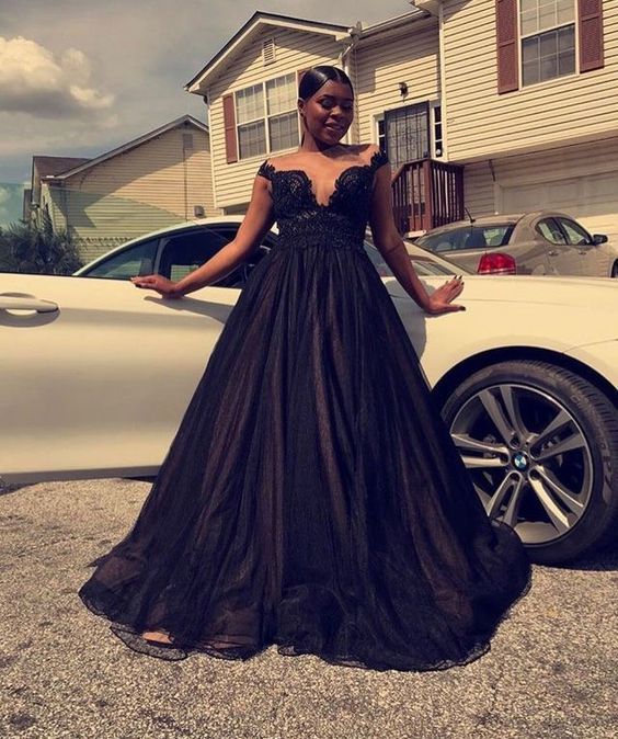 Off the Shoulder Black A-Line Prom Dresses with Appliques   cg15233