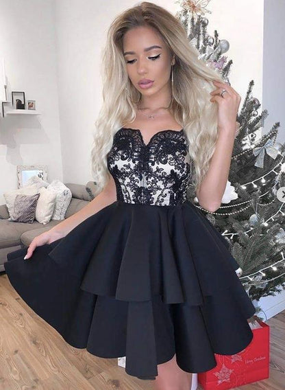 Black satin lace short homecoming dress   cg15251
