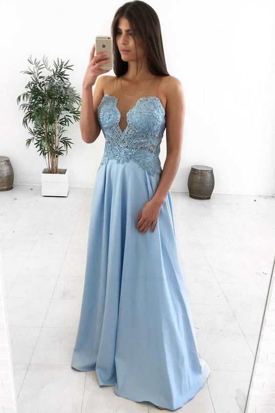 A-Line Illusion Round Neck Light Blue Satin Prom Dress with Appliques   cg15254