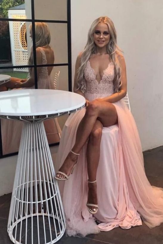 Sexy V Neck Pink Long Prom Dress With Slit   cg15257