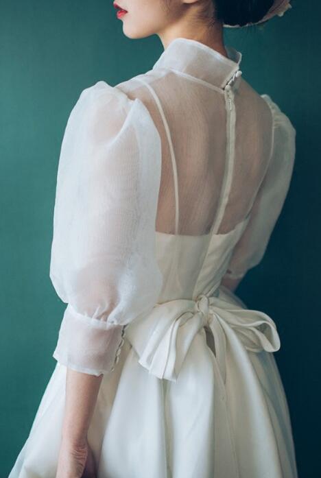 Vintage A-Line Bubble Sleeve Tea Length Wedding Dresses Prom Dress，Evening Dress   cg15271