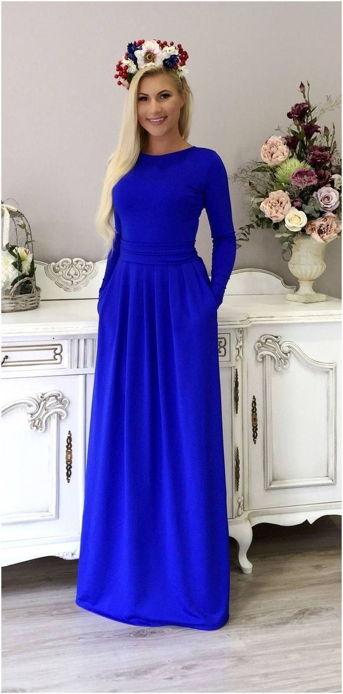 Royal Blue Round Neck Long Sleeves Prom Dress With Pockets   cg15283