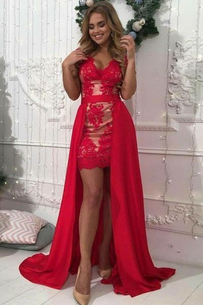 modest red detachable prom dresses    cg15290