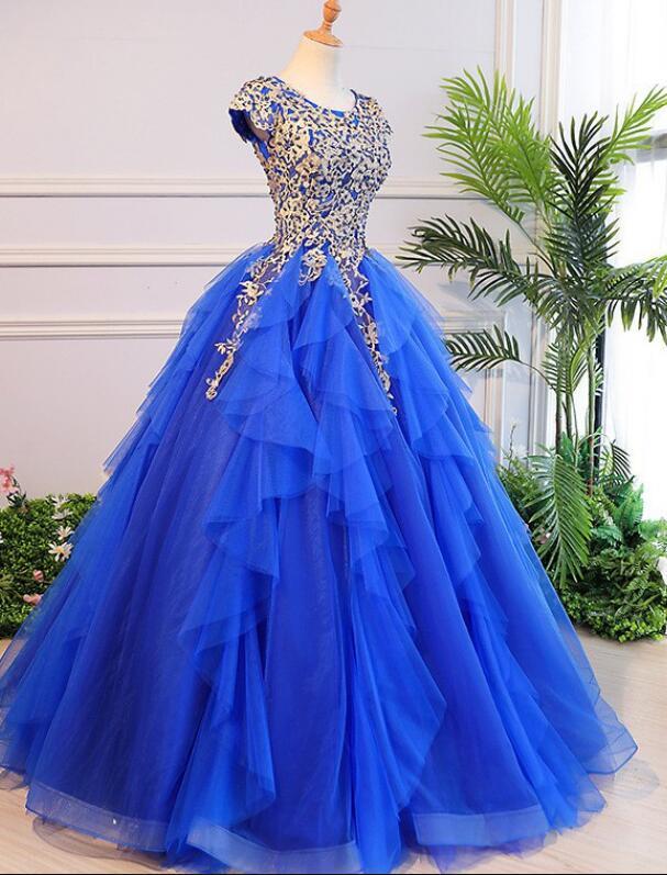 Royal Blue Cap Sleeves Long Ball Gown Party Dress, Blue Prom Dress 2021   cg15302
