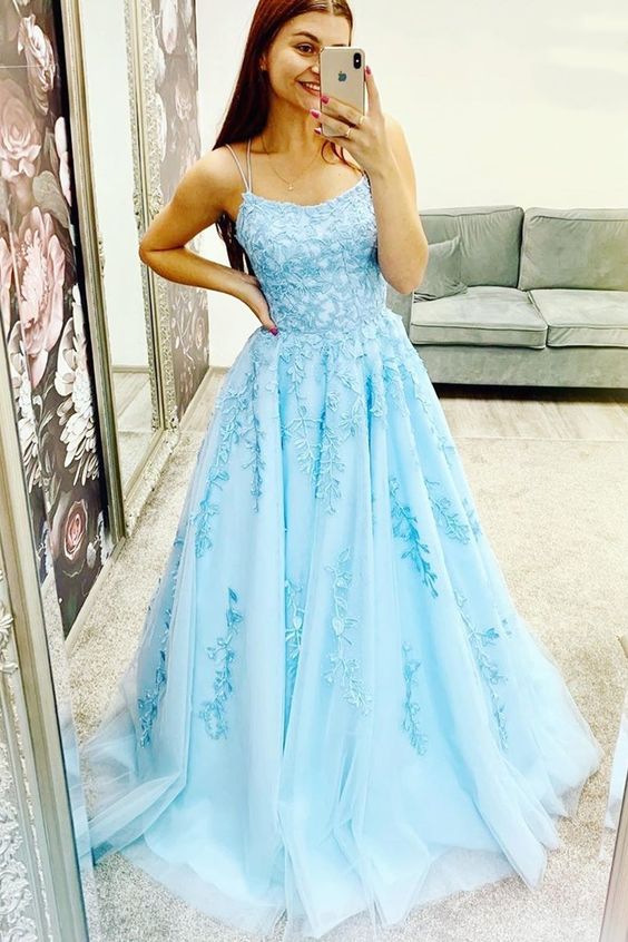 A-line blue long prom dress with double straps and lace appliques   cg15337