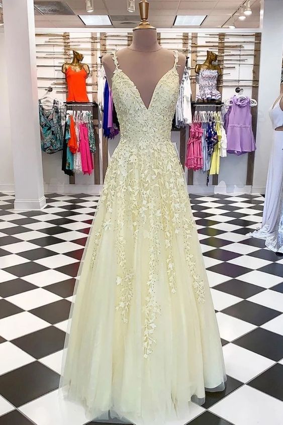 Fresh Yellow Tulle Long Lace Applique Senior Prom Dress   cg15344