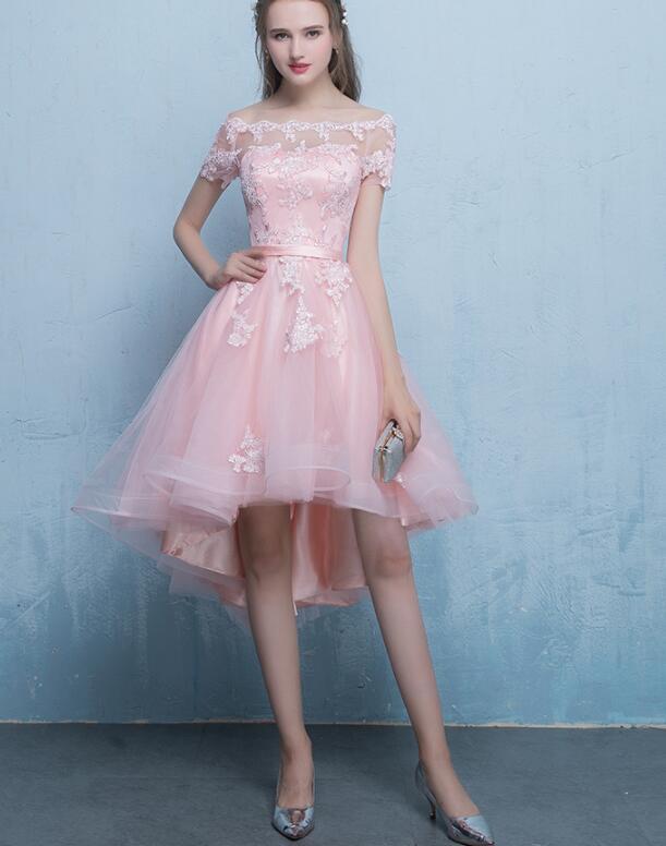 Cute Pink High Low Off Shoulder homecoming Dress 2021, Pink Formal Dress    cg15351